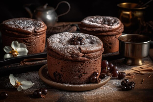 Een chocoladetaart met frambozen en bosbessen op tafel