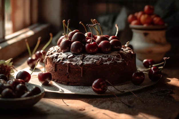 Een chocoladetaart met kersen erop