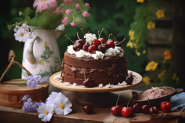 Een chocoladetaart met kersen erop