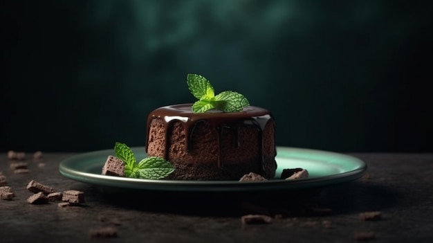 Een chocoladetaart met muntblaadjes op een groen bord.