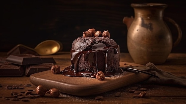 Een chocoladetaart met nootjes erop en een pot chocolade ernaast.