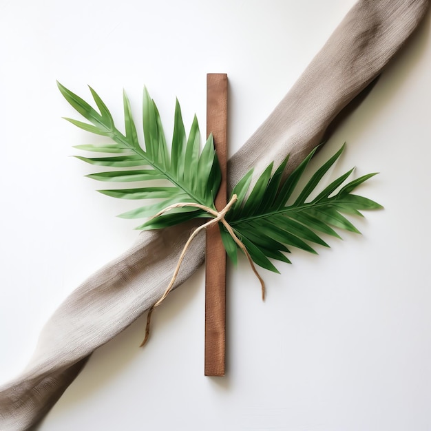 Foto een christelijk houten kruiskruis met groene palmbladeren als religieuze feestdag palmzondag evenement