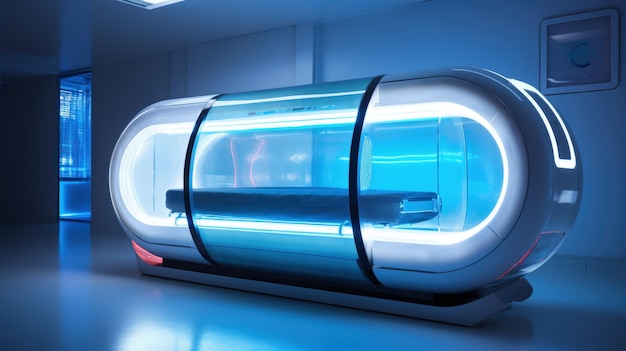een cilindrische futuristische hyperbare kamer met een scharnierende deur Generative AI