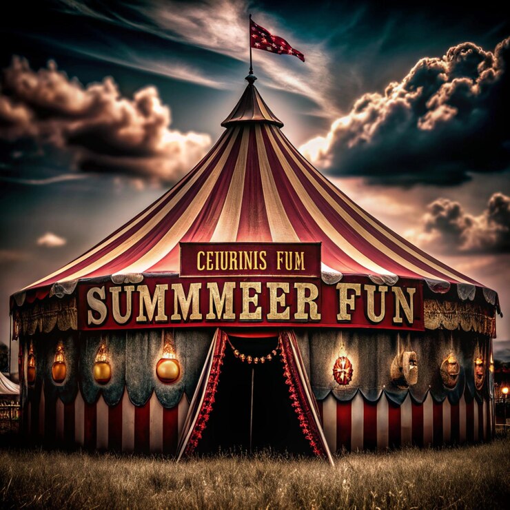 een circus tent met een zon bovenop en de woorden zomer plezier bovenop