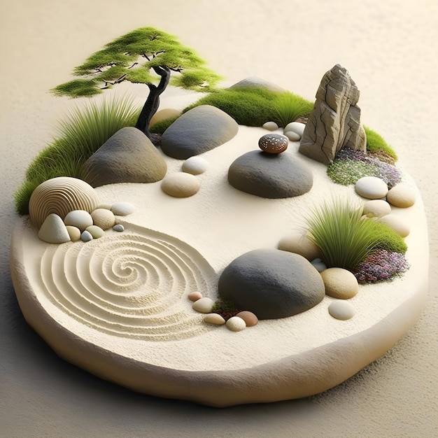 Een cirkel met een boom en rotsen erop