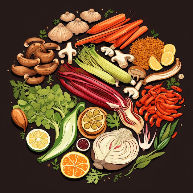 een cirkel van groenten, waaronder paddenstoelen, uien, champignons en champignons