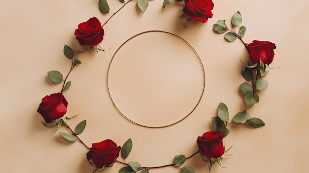 Een cirkel van rozen met een bruine achtergrond