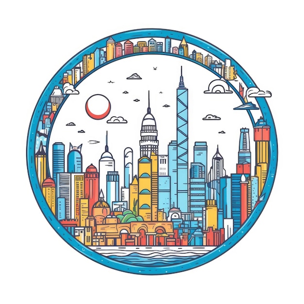 Een cirkelvormig frame met middenruimte van de skyline van de stad Hong Kong in eenvoudige doodle-kleurencartoonstijl, prachtige generatieve AI AIG32