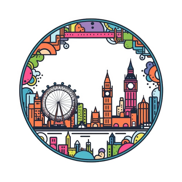 Een cirkelvormig frame met middenruimte van de skyline van de stad Londen in eenvoudige doodle kleur cartoon stijl mooie Generative AI AIG32