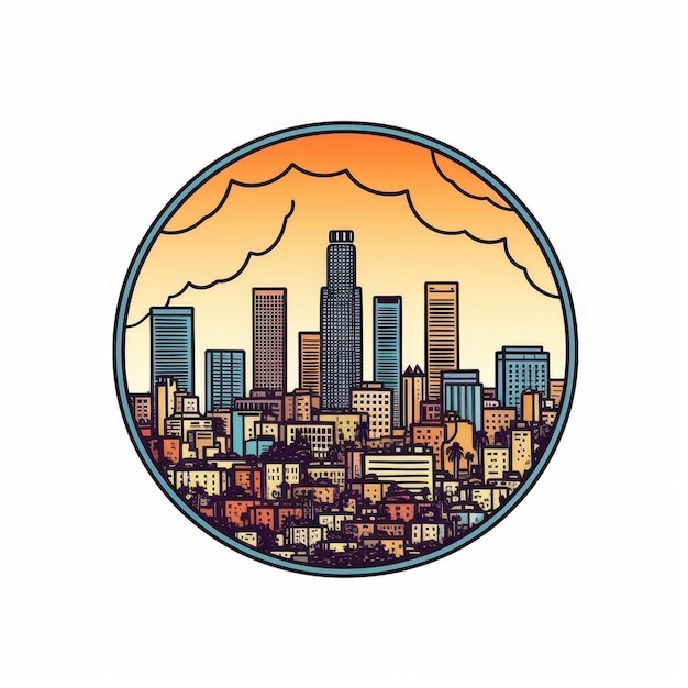 Een cirkelvormig frame met middenruimte van de skyline van de stad Los Angeles in eenvoudige doodle kleur cartoon stijl mooie Generative AI AIG32