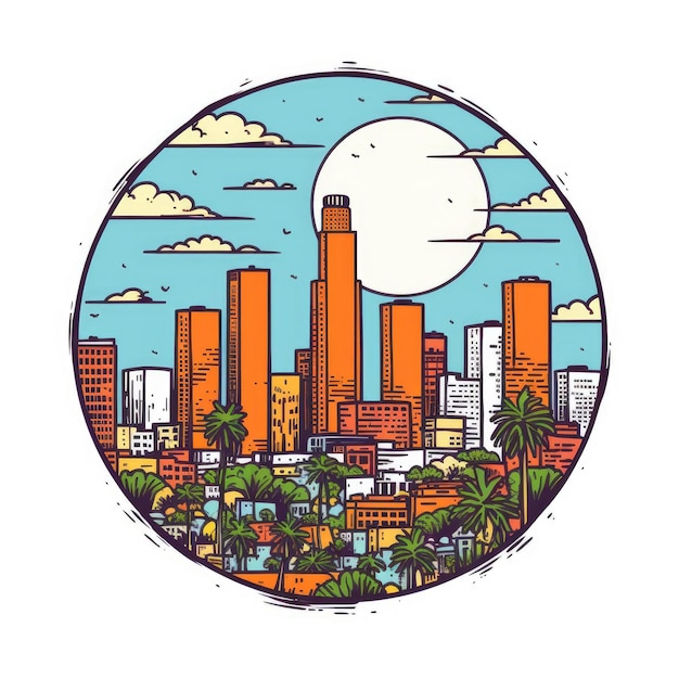 Een cirkelvormig frame met middenruimte van de skyline van Los Angeles in eenvoudige doodle kleur cartoon stijl prachtige Generative AI AIG32