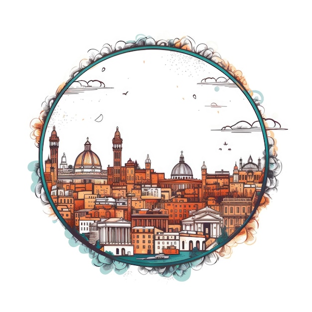 Een cirkelvormig frame met middenruimte van de skyline van Rome in eenvoudige doodle kleur cartoonstijl, prachtige generatieve AI AIG32