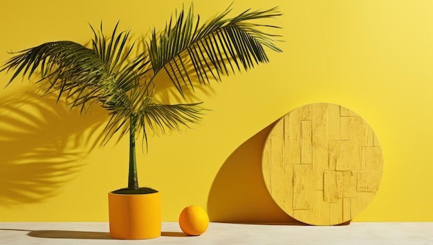 een cirkelvormig standbeeld van een palmboom die in het zonlicht op een heldere gele muur zit