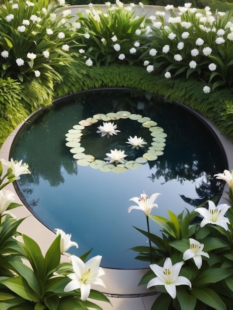 Een cirkelvormige rangschikking van witte lelies rond een reflecterend zwembad