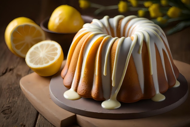 Een citroen bundt cake met citroenen op een houten tafel.