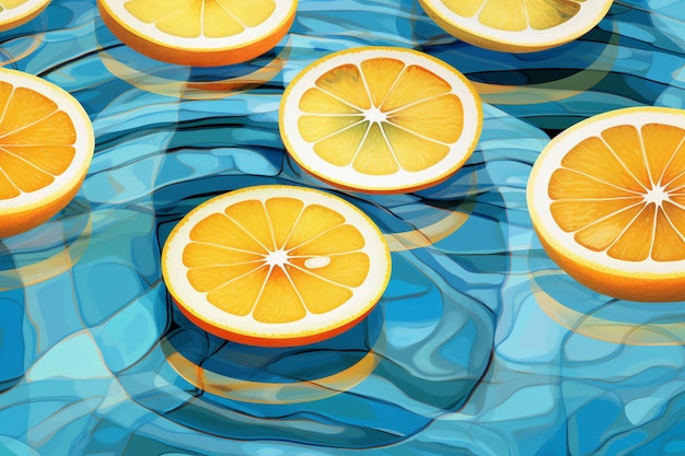 Foto een citroenschijfjes op een leeg zwembad en blauw water in de stijl van organische vormen en patronen