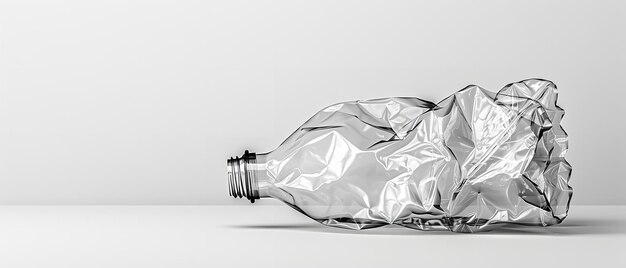 Foto een close shot van een lege gerimpelde plastic fles die op een studio op een schone witte oppervlakte wordt bewaard voor tekst of product generatieve ai