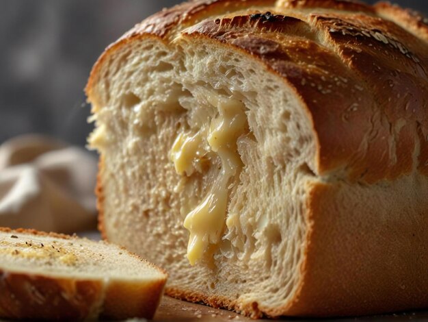 Foto een close-up afbeelding van de rijke textuur en gouden bruine korst van een vers gebakken ambachtelijk brood