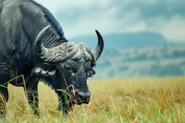 Een close-up afbeelding van een eenzame buffel die graast cont generative ai