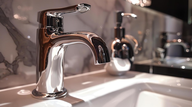 Een close-up afbeelding van een glanzende badkamer kraan met een wazige achtergrond De kraan is gemaakt van chroom en heeft een modern ontwerp