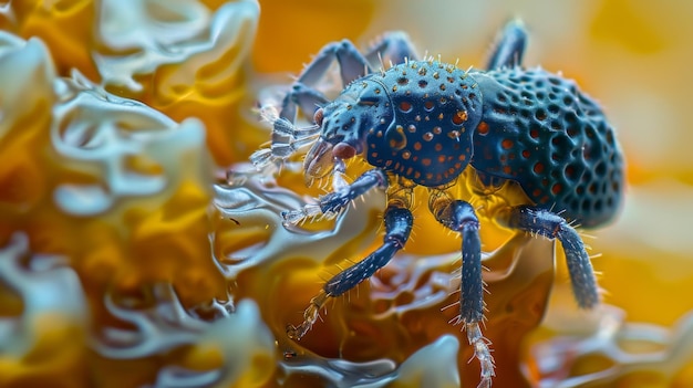 Een close-up afbeelding van een parasitische mijt op het oppervlak van een kever exoskelet toont de ingewikkelde