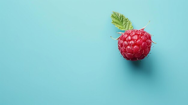 Een close-up afbeelding van een verse rijpe framboos met een groen blad op een blauwe achtergrond