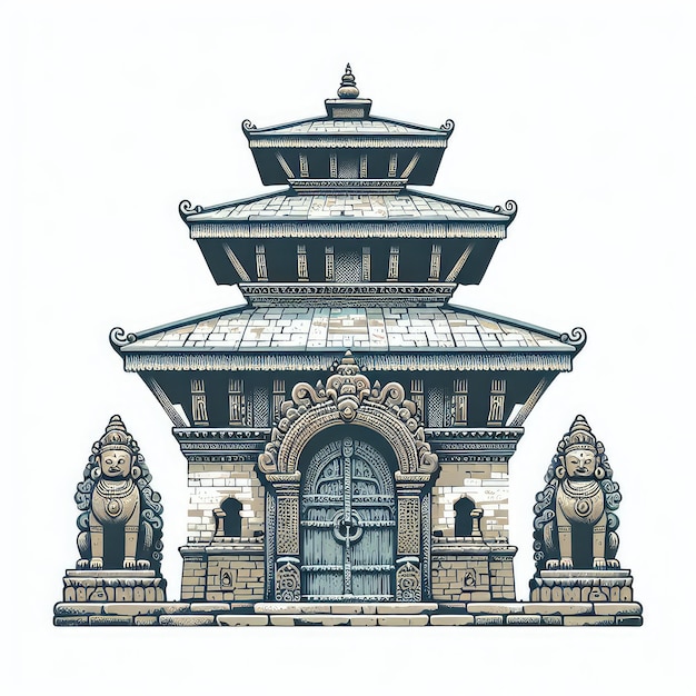 Een close-up afbeelding van een verweerde stenen ingang naar een Nepalese tempel versierd met ingewikkelde