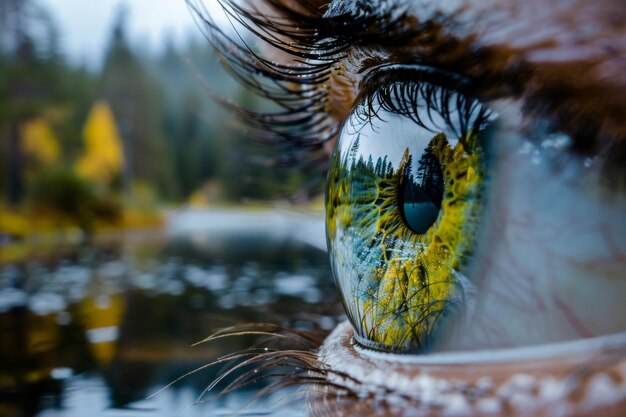 Een close-up afbeelding van het menselijk oog met de reflectie van het bos