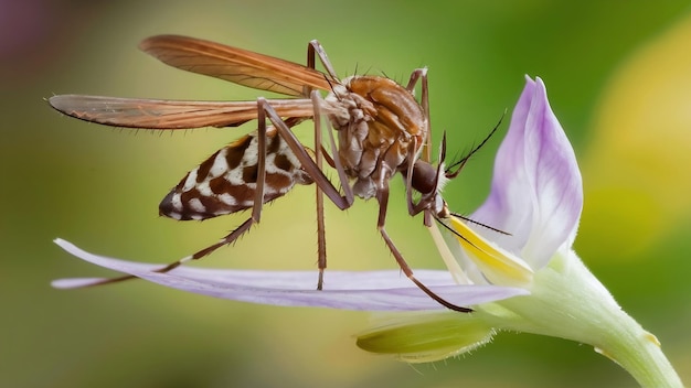 Een close-up beeld in hoge resolutie van een mug die op een delicaat bloemblaadje zit