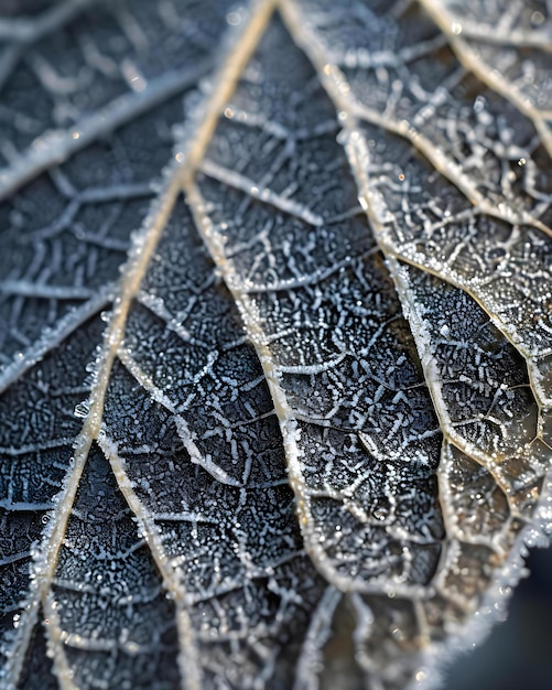 een close-up beeld van een blad met vorst erop