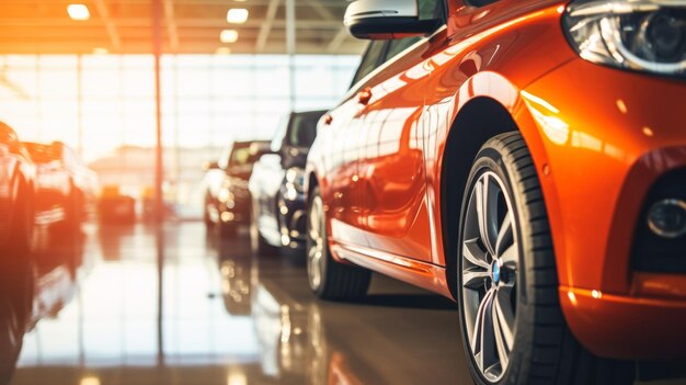 Een close-up beeld van een glanzende rode auto in een showroom met andere voertuigen op de achtergrond De focus ligt op de voorste koplamp en het roostergebied