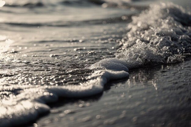 Foto een close-up beeld van een golf die op het strand neerstort perfect voor het vastleggen van de rauwe kracht en schoonheid van de oceaan ideaal voor gebruik in reisbrochures website achtergronden of natuur thema's ontwerpen