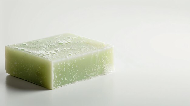 Een close-up beeld van een groene zeepstok met bubbels erop De zeep zit op een wit oppervlak met een witte achtergrond