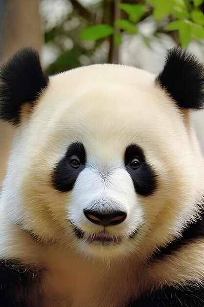 Een close-up beeld van een pandabeer in zijn natuurlijke habitat, omringd door een weelderig bos van bomen