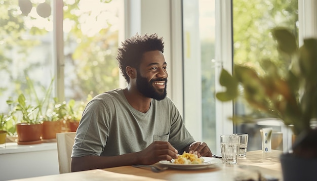 een close-up beeld van een realistische man die aan een ontbijttafel zit in een heldere tuinkamer die naar