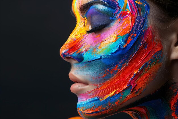 Een close-up beeld van een vrouw met een levendige regenboogkleurige gezichtsverf op een donkere achtergrond