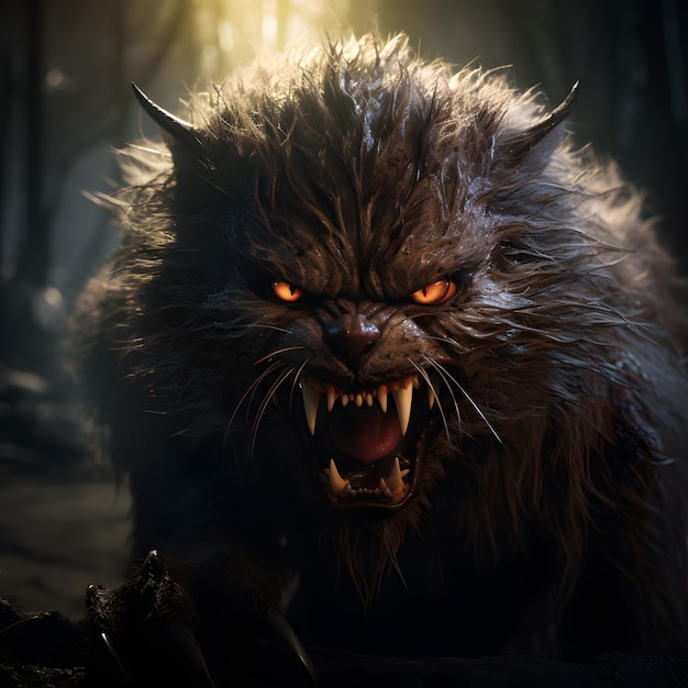 een close-up beeld van een woedende en gemeen uitziende weerwolf kat