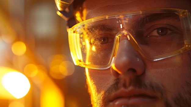 Een close-up beeld van het gezicht van een machinist omringd door de veiligheidsbril die hij draagt voor de bescherming van de