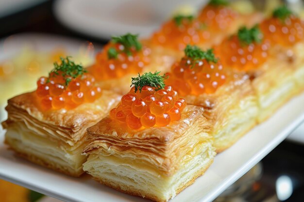 Een close-up beeld van smakelijk eten op een bord op een tafel Delicate puff pastry met gouden kaviaar bovenop AI gegenereerd