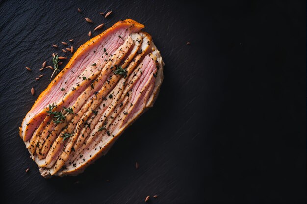 Een close-up beeld van vers vlees met roodachtige tonen perfect voorbereid om het verlangen naar een uitzonderlijke eetervaring te wekken gegenereerd door AI