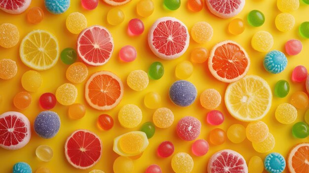 Foto een close-up beeld van verschillende kleurrijke zoete zoals snoep suiker en jelly aigx