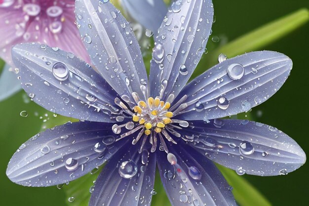 Een close-up beeld van zeer realistische en zeer mooie waterdruppels op kleine bloemen