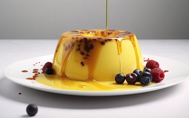 Foto een close-up caramel custard pudding op een witte achtergrond zoet dessert bakkerij voedsel ai gegenereerd