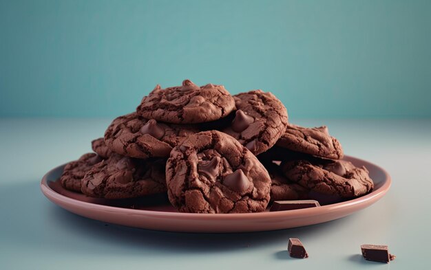 Een close-up chocolade koekjes op een pastel achtergrond zoet dessert bakkerij voedsel ai gegenereerd