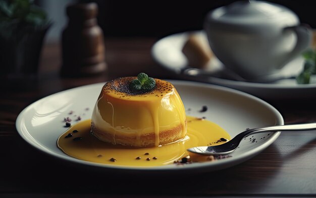 Foto een close-up crème caramel custard pudding op een café achtergrond zoet dessert bakkerij voedsel ai gegenereerd