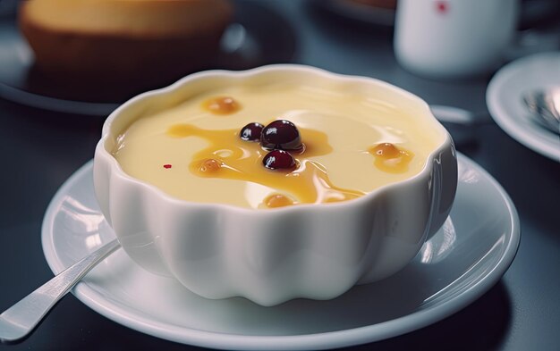 Een close-up crème caramel custard pudding op een café achtergrond zoet dessert bakkerij voedsel ai gegenereerd