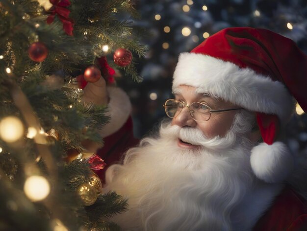 Een close-up foto die de warmte van de ogen van de kerstman vasthoudt terwijl hij het laatste geschenk onder een Chris plaatst
