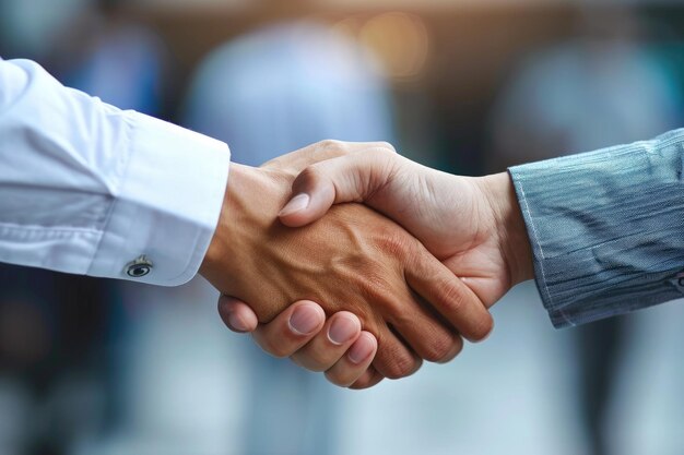 Een close-up foto die het moment vasthoudt waarop twee individuen elkaar de hand schudden tijdens een professionele zakelijke vergadering Handen schudden na een succesvolle zakelijke deal AI gegenereerd