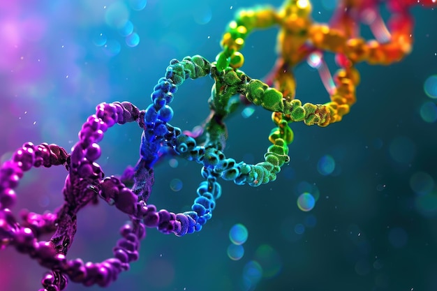 Een close-up foto met een levendige en gevarieerde collectie kralen DNA dubbele spiraal in levendige kleuren AI gegenereerd