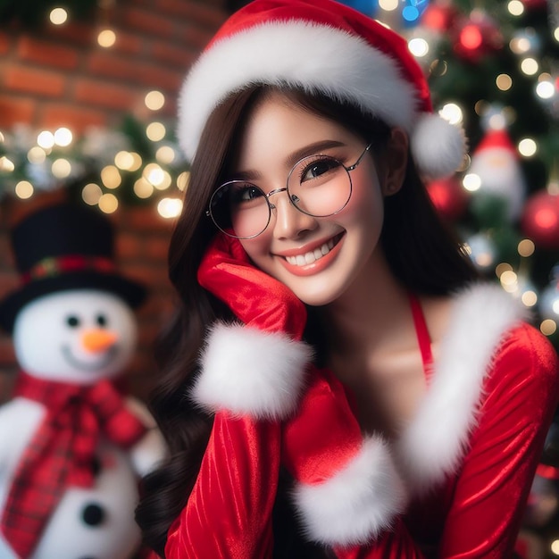 Een close-up foto portret van een mooie jonge Aziatische model vrouw dragen kerstkostuum